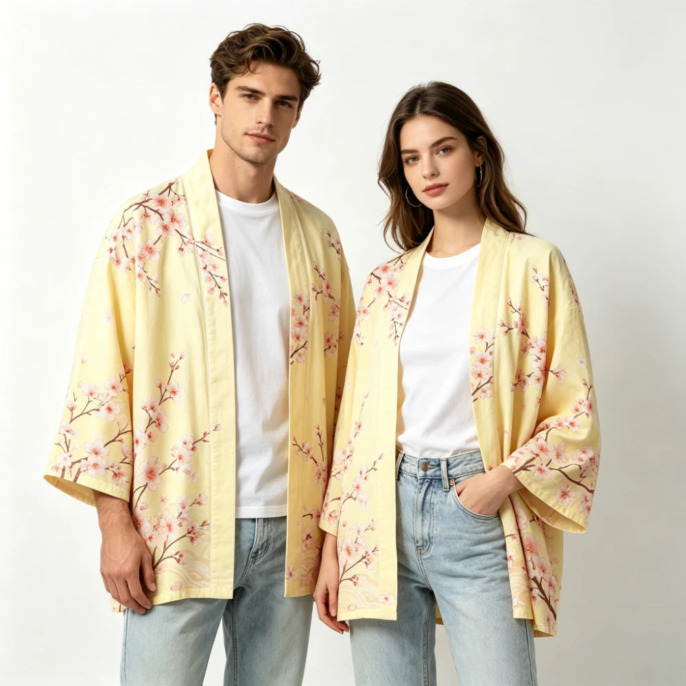 Kimono Bohème Fleuri Unisexe Coton Léger