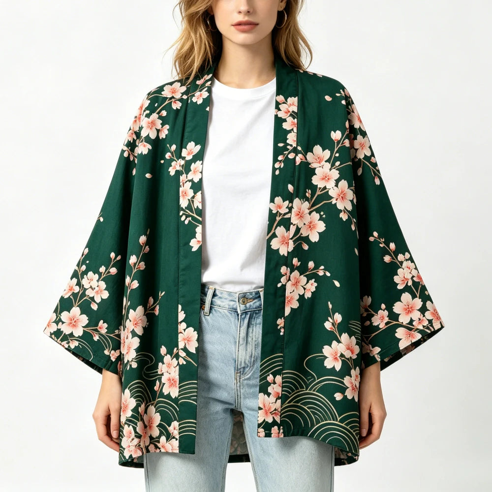 Kimono Bohème Vintage Fleur de Cerisier & Grue
