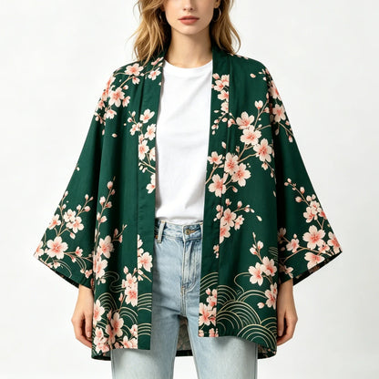 Kimono Bohème Vintage Fleur de Cerisier & Grue