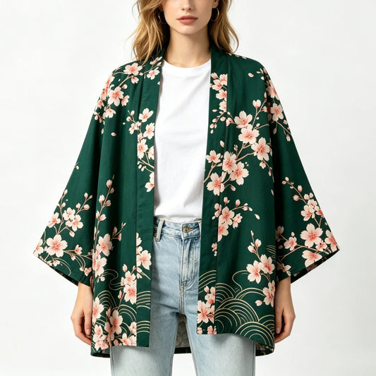Kimono Bohème Vintage Fleur de Cerisier & Grue