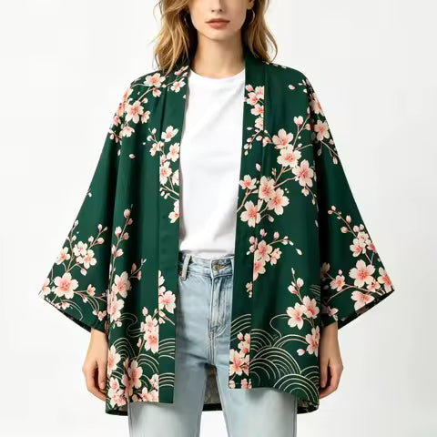 Kimono Bohème Vintage Fleur de Cerisier & Grue