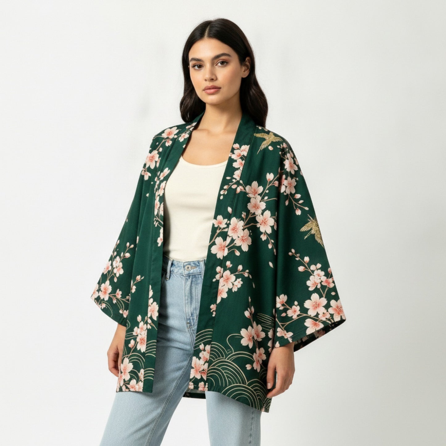 Kimono Bohème Vintage Fleur de Cerisier & Grue